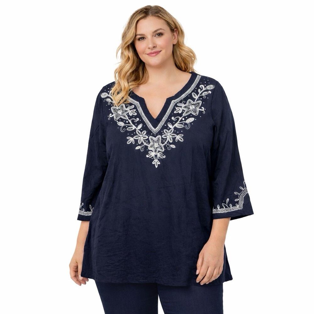Charter Club Linen Luxury Navy Blue Floral Embroidered Tunic Shirt Women Plus 1x